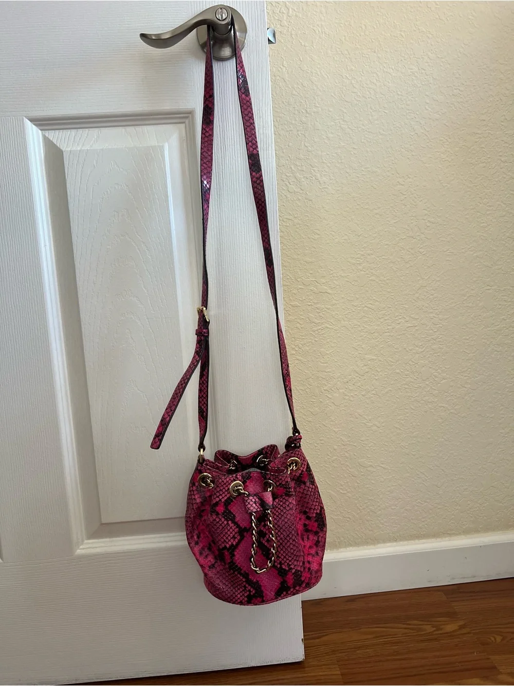 Michael Kors Hot Pink Snakeskin-Print Drawstring Crossbody